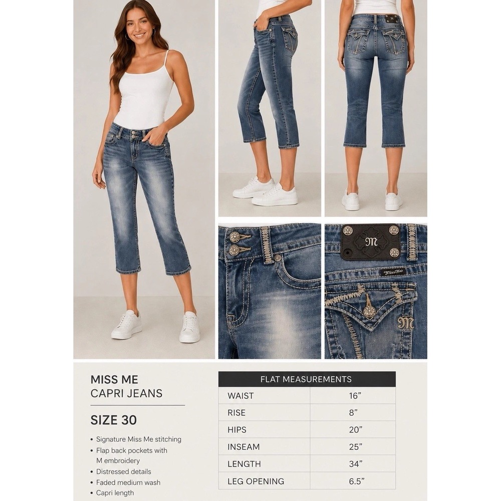 Miss Me Cropped Capri Jeans Size 30 Medium Wash Flap Pocket Thick Stitch Patch